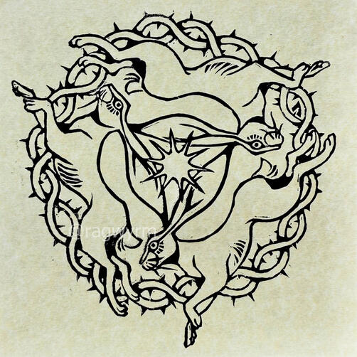 Lino print in black ink depicting three hares running in a circle, sharing 3 ears between them. There is a star in the centre, and a ring of thorns behind them