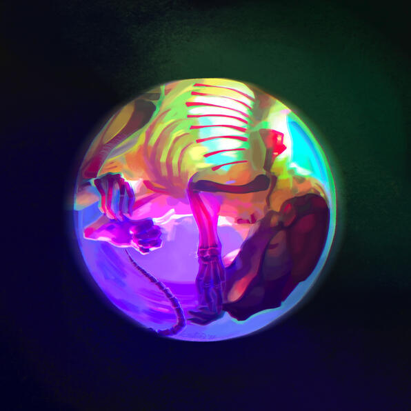 Digital illustration of a colourful diaphonised rat in a glass globe